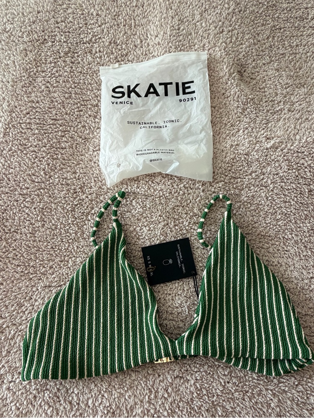 Skatie Green and White Striped Kids Bikini Top